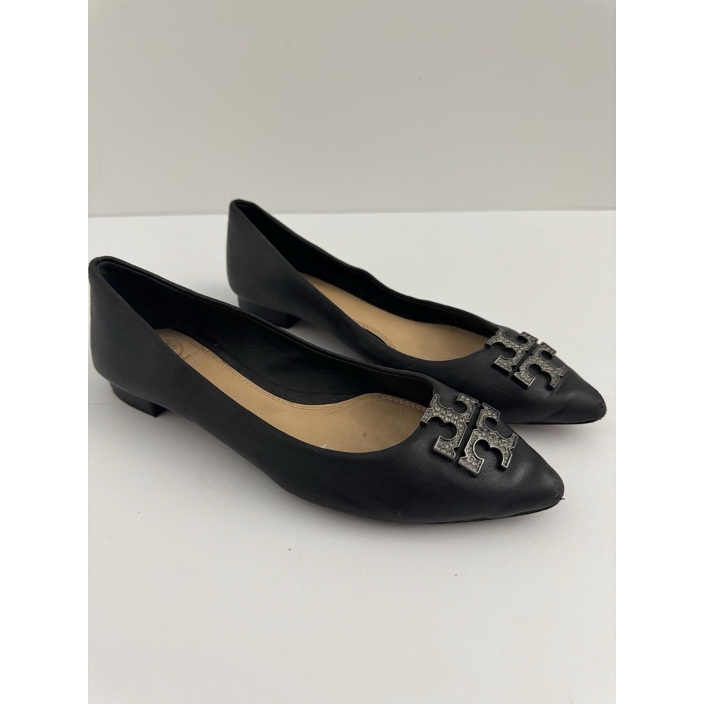 Tory Burch Black All‎ Leather Pointed Cap Toe Flats 7M